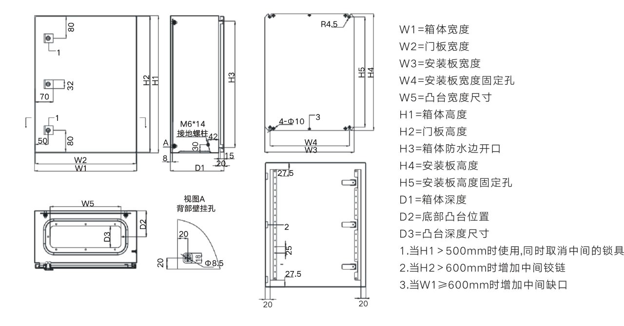 JA compact enclosure dimensional drawing with W H D and mounting plate definitions