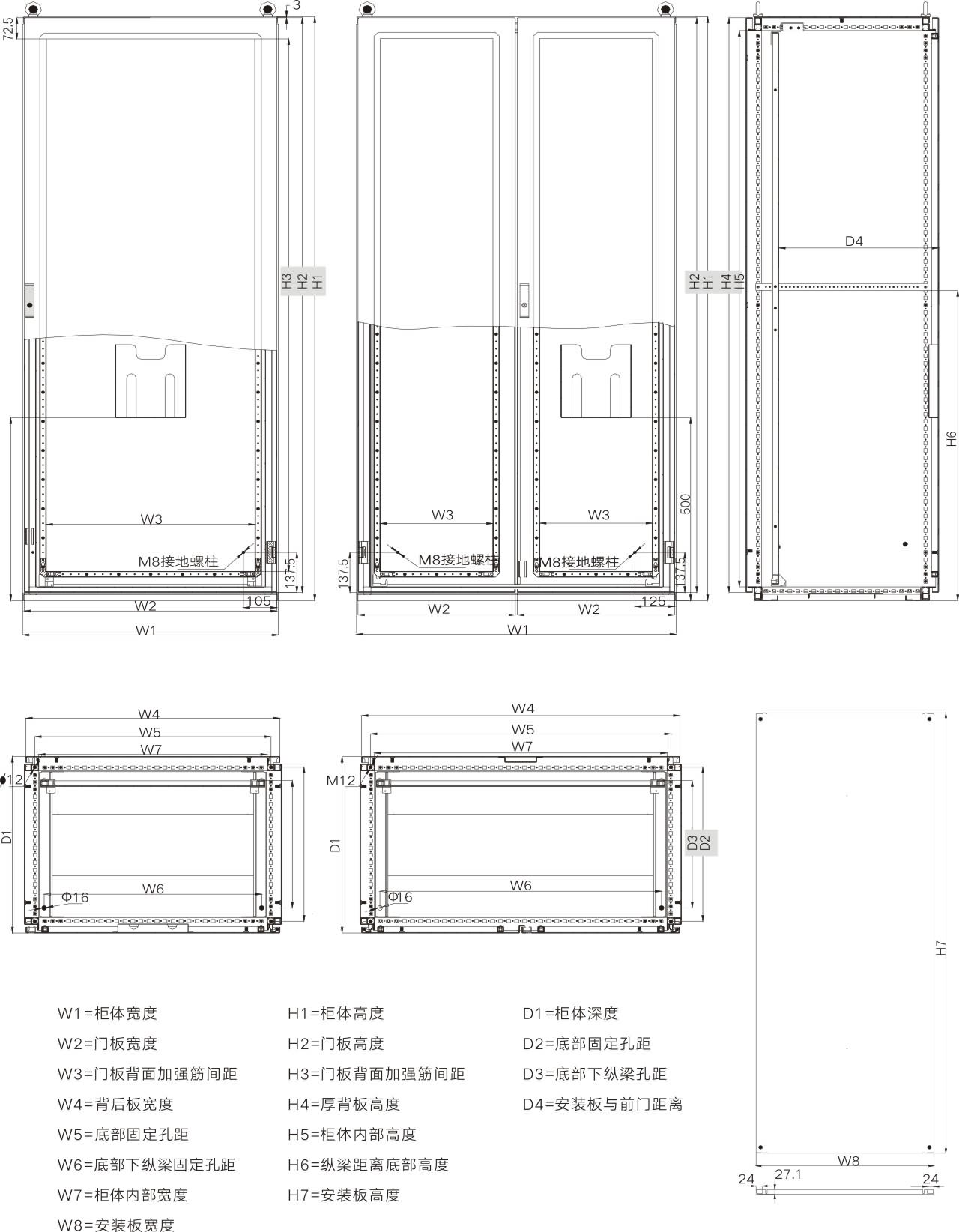 JP modular enclosure dimensional drawing defining W H D and mounting plate dimensions