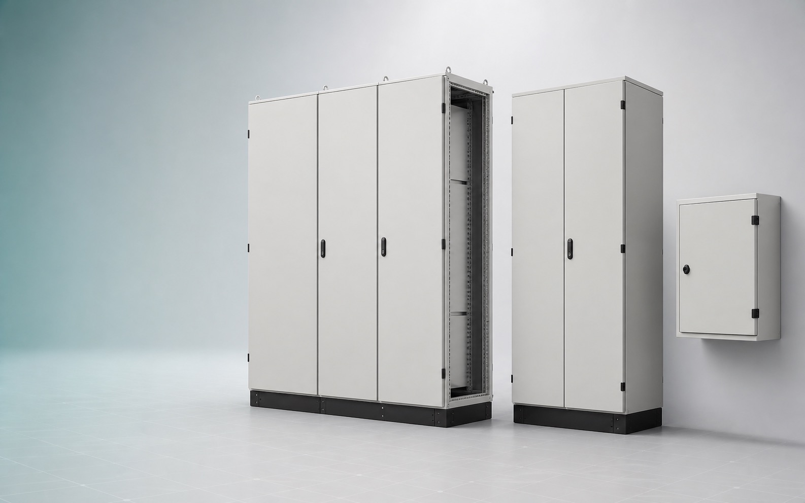 Illustrative lineup of floor-standing and wall-mounted industrial electrical enclosures